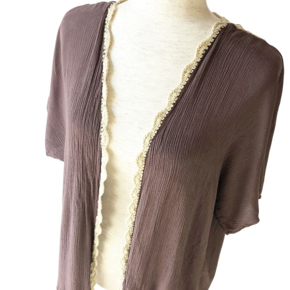 Umgee Womens Brown Crochet Lace Trim Short Sleeve Fringe Kimono Cardigan - Picture 11 of 13